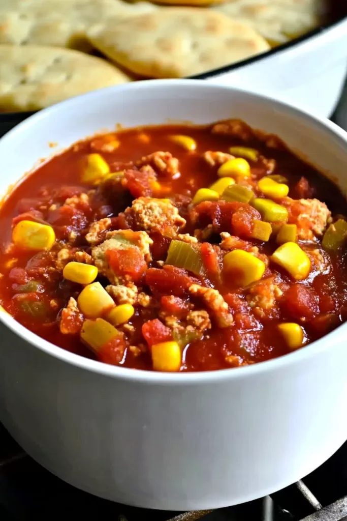 Close-up of a steaming bowl filled with vibrant vegetables and shredded meat, paired with biscuits for a cozy meal.