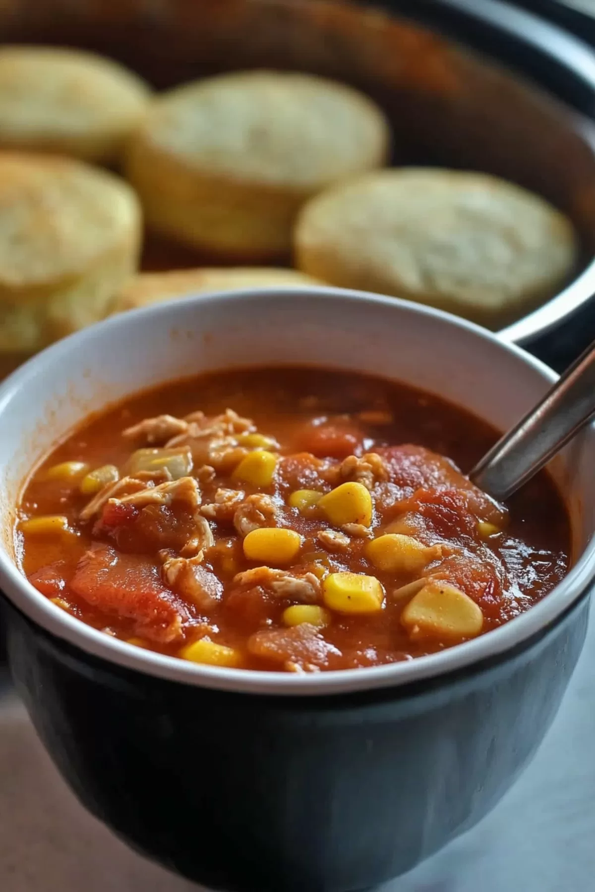 A vibrant stew showcasing corn, tomatoes, and celery in a flavorful broth, perfect for chilly evenings.