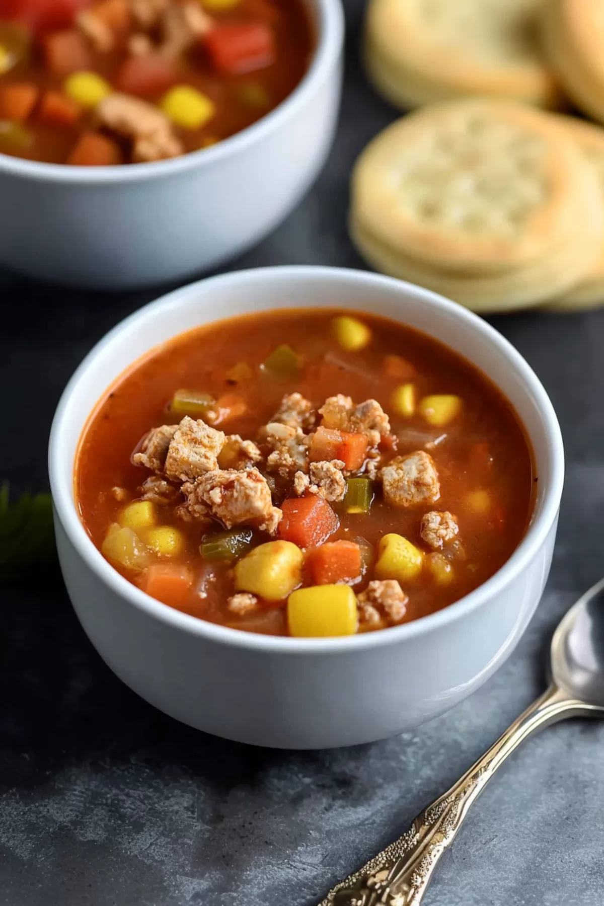 An inviting serving of stew in a white bowl, garnished with fresh herbs and surrounded by comforting side dishes.