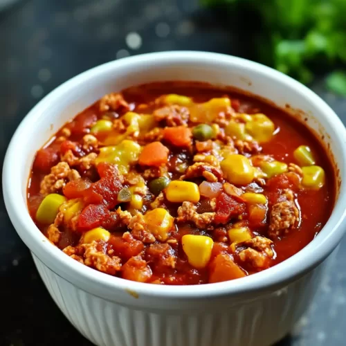 Colorful and warm stew brimming with corn, tomatoes, and hearty chunks of meat, served on a rustic table setting.