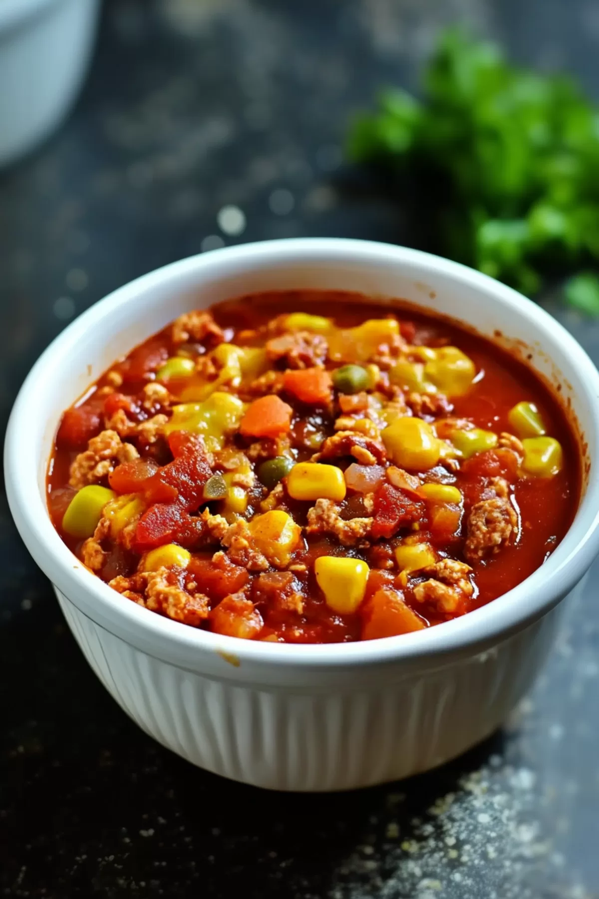 Colorful and warm stew brimming with corn, tomatoes, and hearty chunks of meat, served on a rustic table setting.