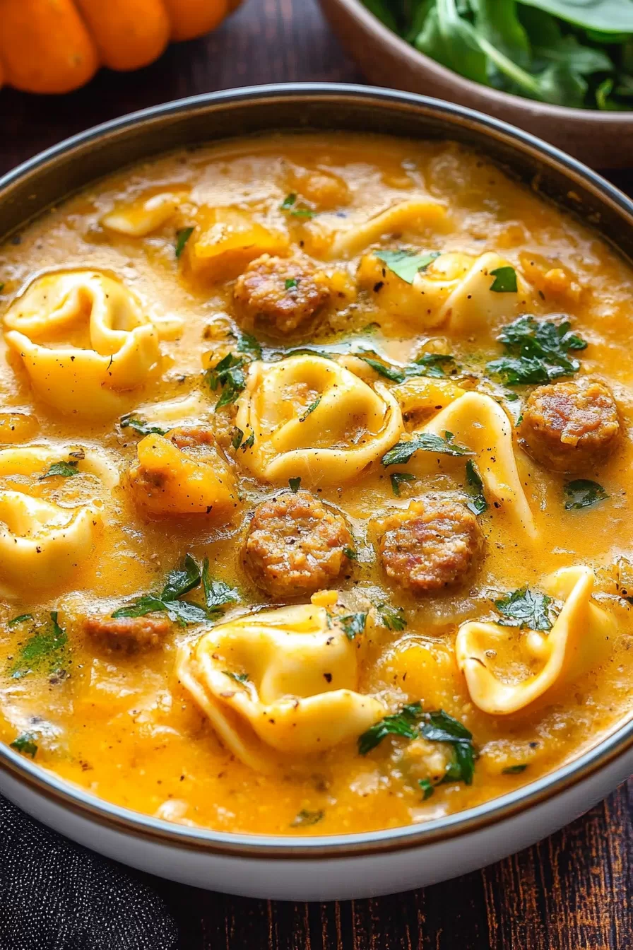 A close-up of a comforting bowl of soup featuring tortellini, sausage, and chunks of butternut squash garnished with fresh parsley.