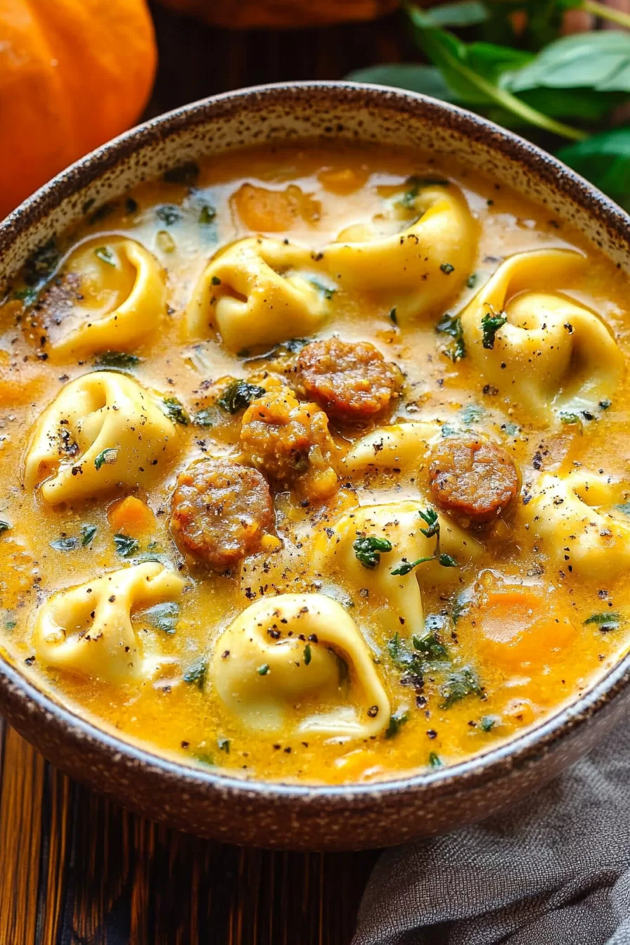 Hearty butternut sausage tortellini soup served in a rustic brown bowl, with a rich broth and vibrant seasonal herbs.