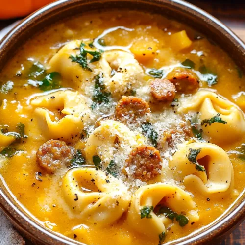 A cozy serving of butternut squash soup with tortellini and sausage, topped with freshly grated parmesan cheese.