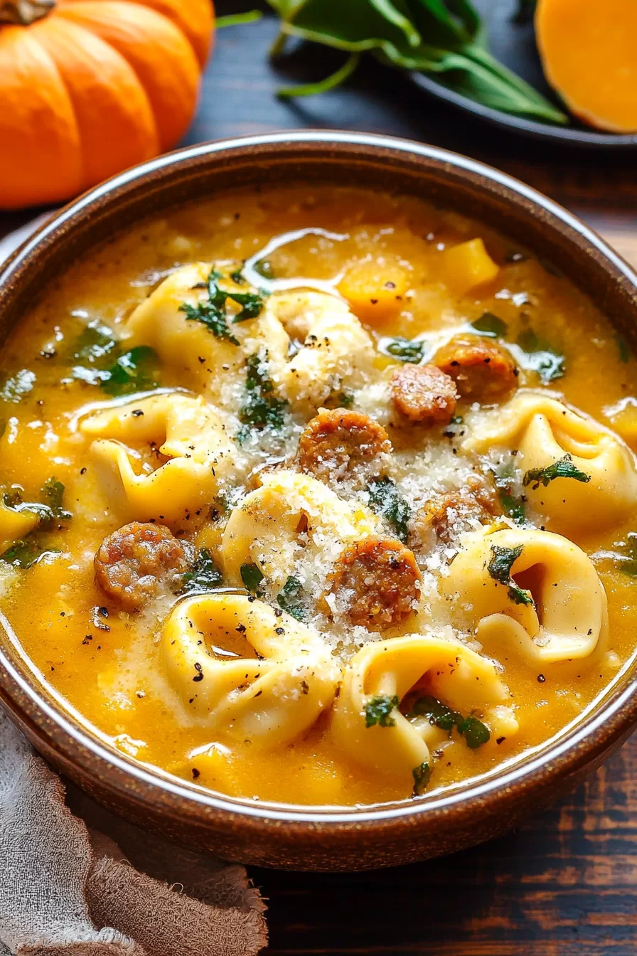 A cozy serving of butternut squash soup with tortellini and sausage, topped with freshly grated parmesan cheese.