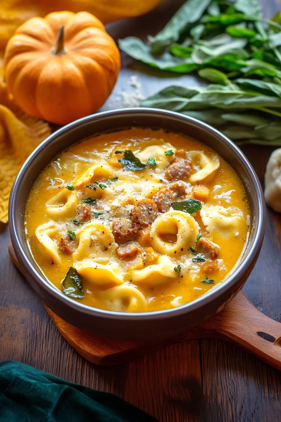 A warm bowl of autumn-inspired soup showcasing tortellini, sausage, and butternut squash in a savory broth.