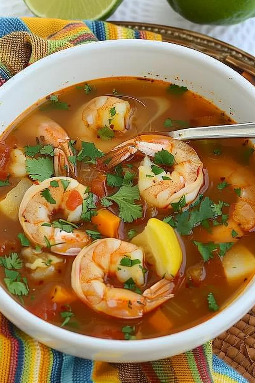 Close-up of a hearty Caldo de Camarón filled with potatoes, carrots, and shrimp, garnished with lime.