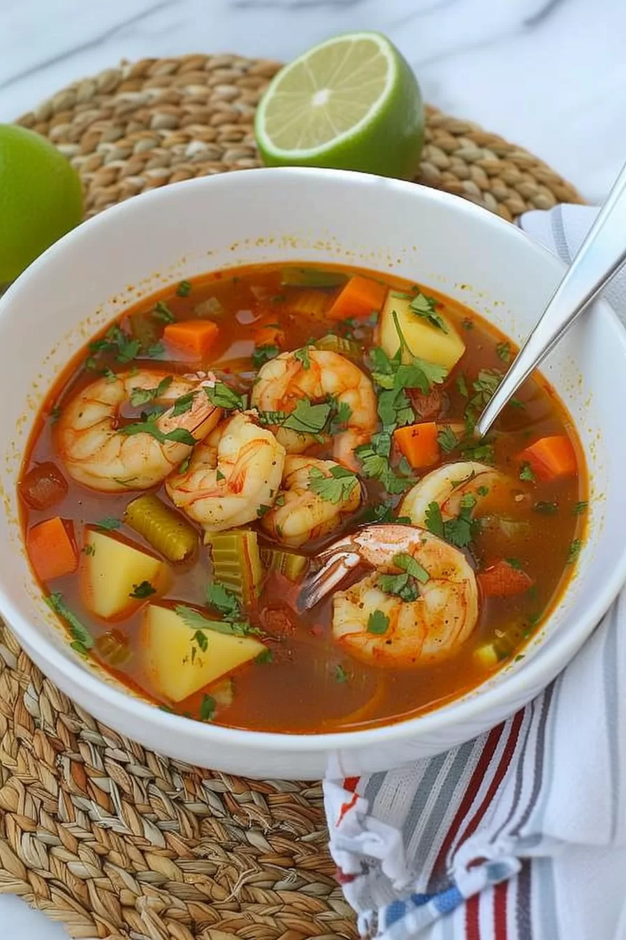 A vibrant bowl of Mexican shrimp soup with fresh cilantro, vegetables, and plump shrimp in a spicy broth.