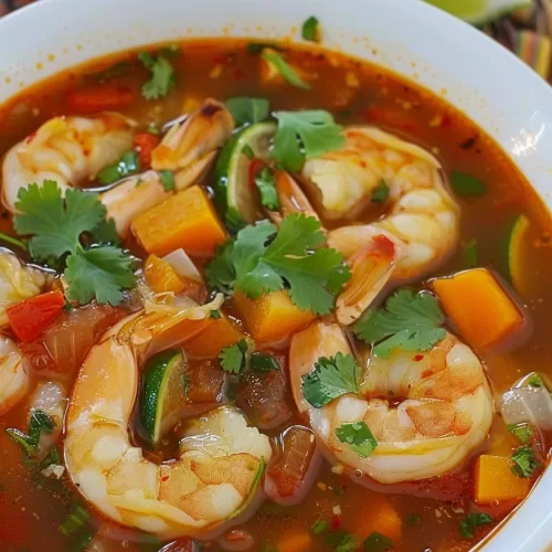 Freshly served bowl of shrimp soup featuring a rich tomato base, colorful vegetables, and shrimp tails.