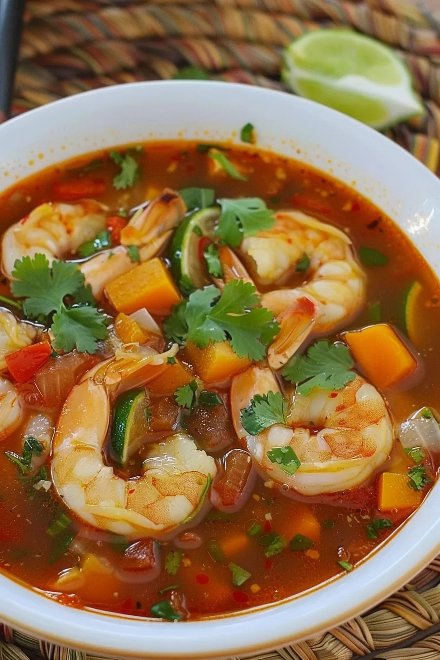 Freshly served bowl of shrimp soup featuring a rich tomato base, colorful vegetables, and shrimp tails.