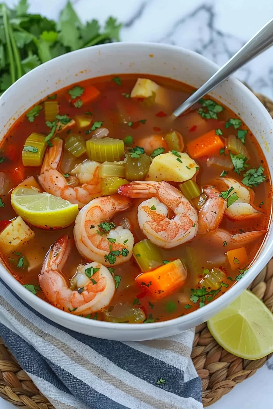 A steaming bowl of Mexican shrimp soup paired with a lime wedge and garnished with cilantro and chili flakes.