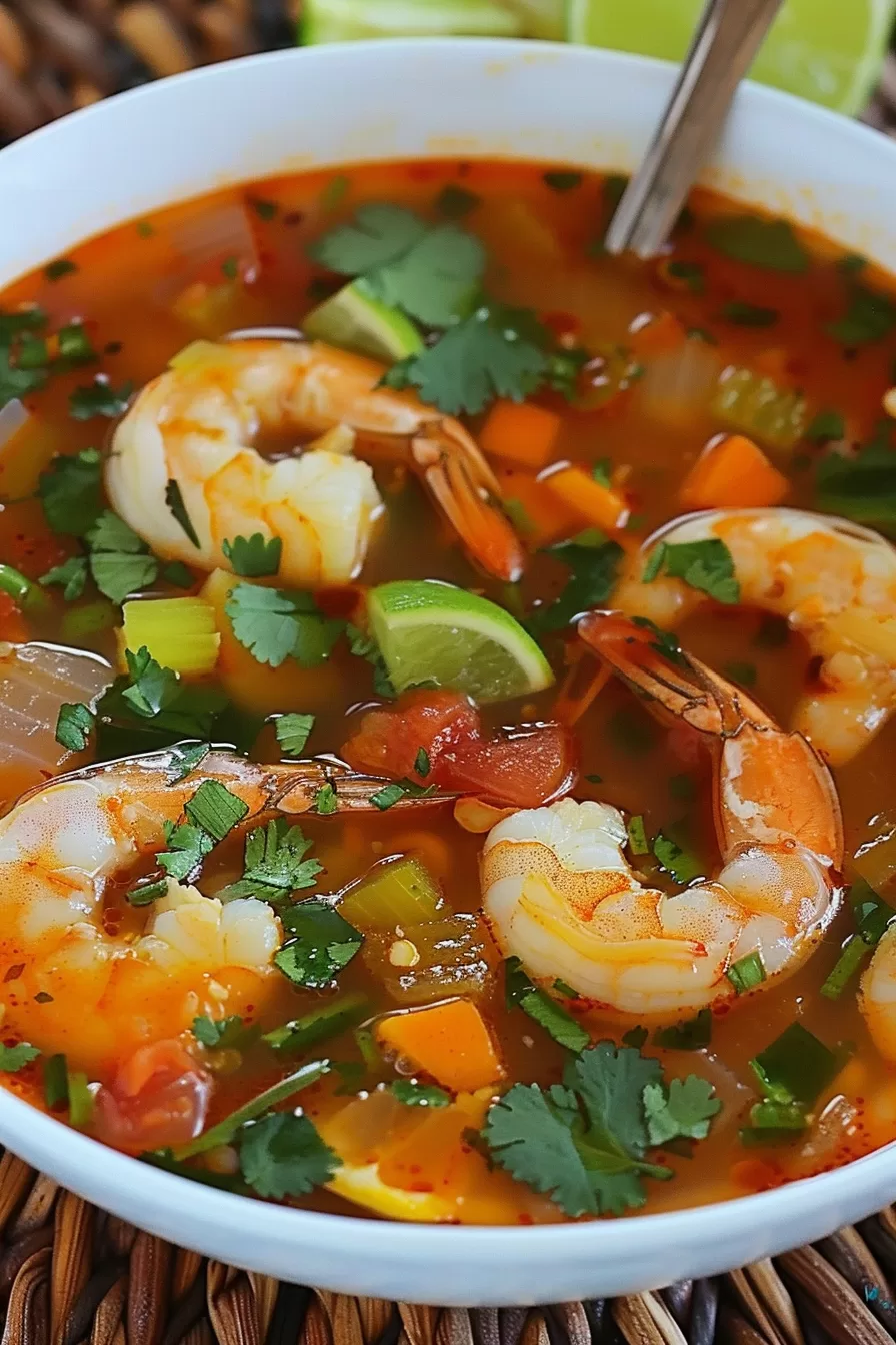 Warm and comforting Caldo de Camarón with tender shrimp, celery, and potatoes in a spiced broth.