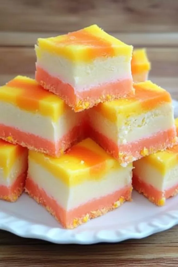 Close-up of creamy fudge squares topped with vibrant candy corn pieces on a white plate.