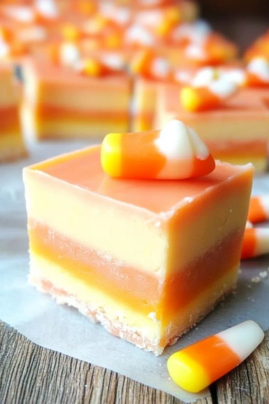 Assorted fudge pieces featuring bright candy corn, set out on a festive autumn-themed tablecloth.