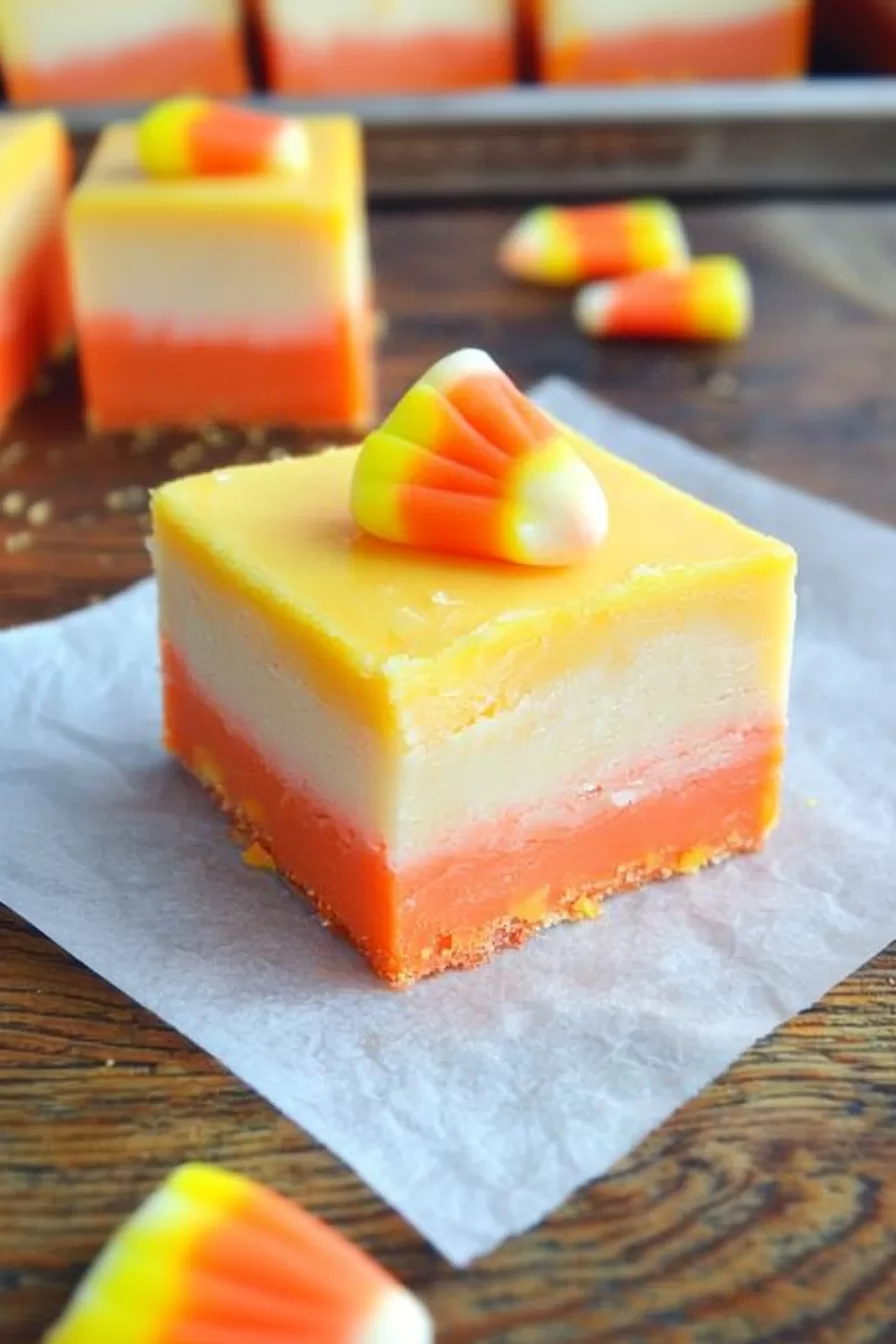 Assorted fudge pieces featuring bright candy corn, set out on a festive autumn-themed tablecloth.