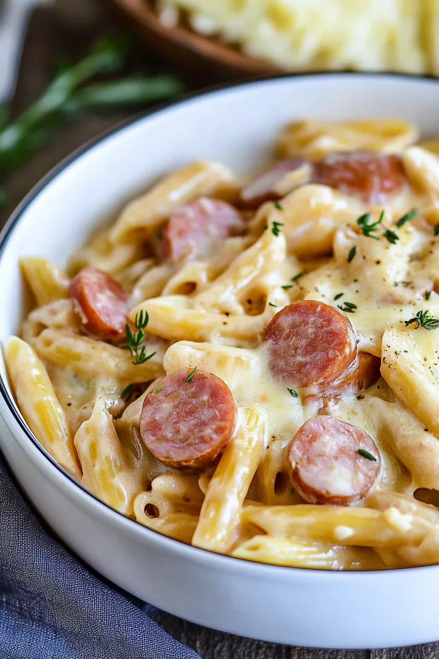 Close-up of penne pasta coated in a rich, cheesy sauce with slices of juicy kielbasa.