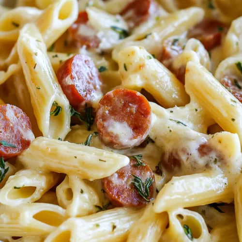 A skillet filled with cheesy pasta and kielbasa, bubbling hot and ready to serve.