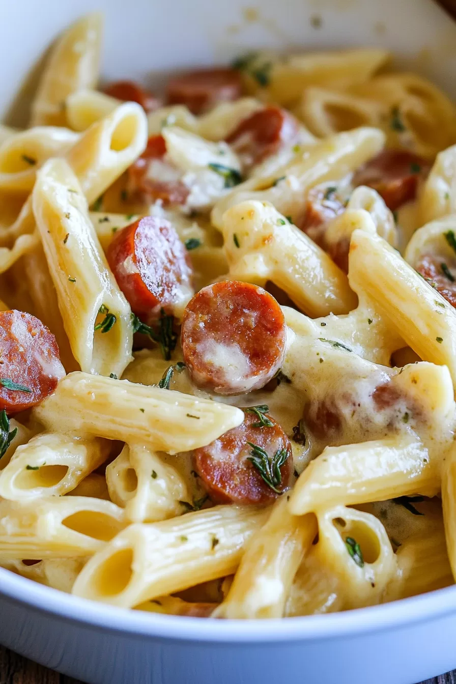 A skillet filled with cheesy pasta and kielbasa, bubbling hot and ready to serve.