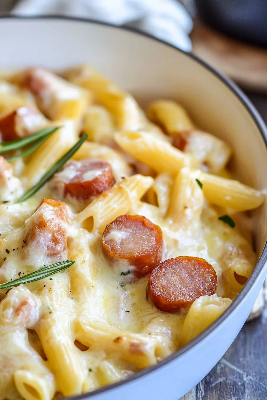 Creamy pasta with kielbasa served in a white bowl, topped with a sprinkle of fresh herbs.