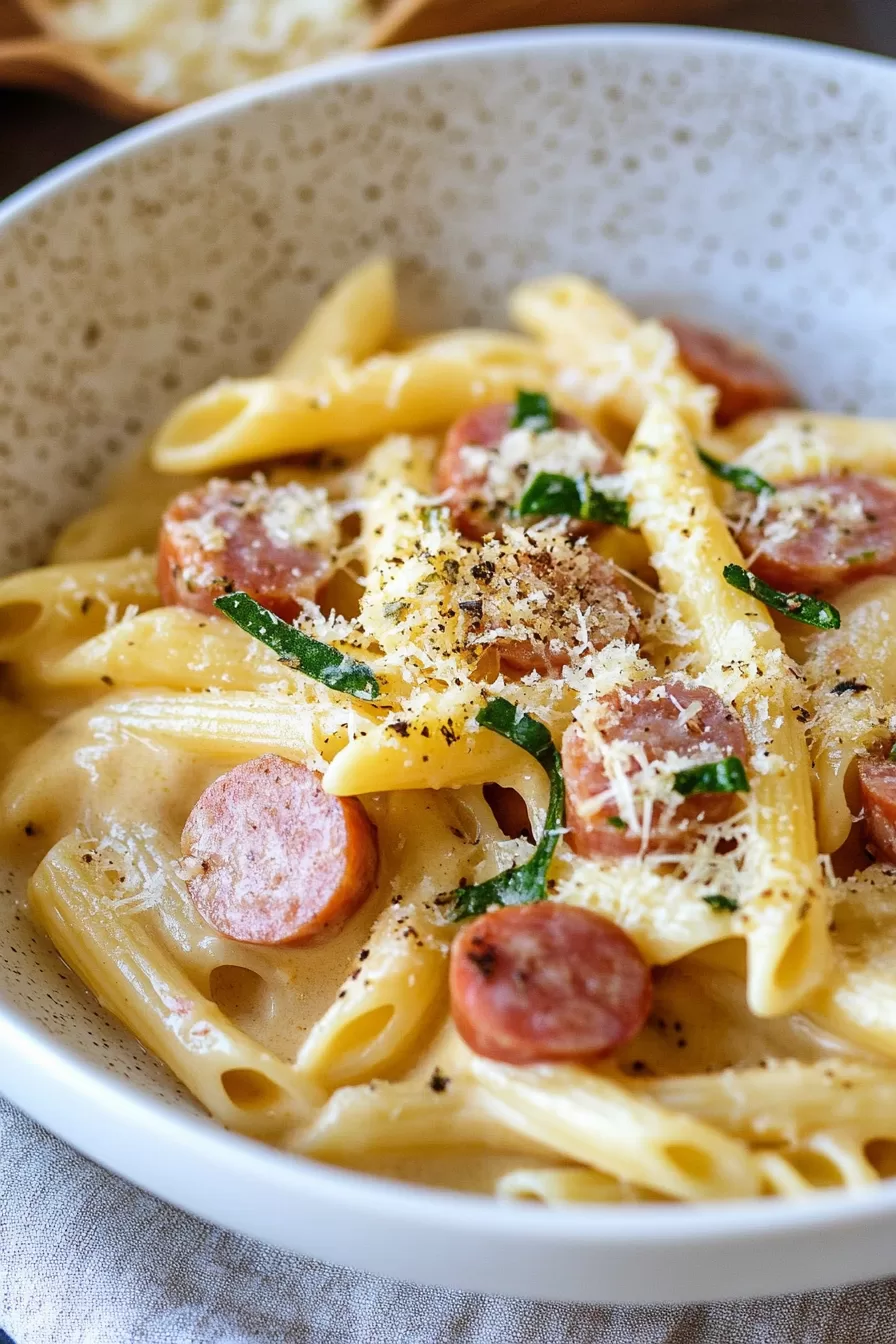 Golden-brown kielbasa nestled in cheesy pasta, garnished with fresh rosemary sprigs.