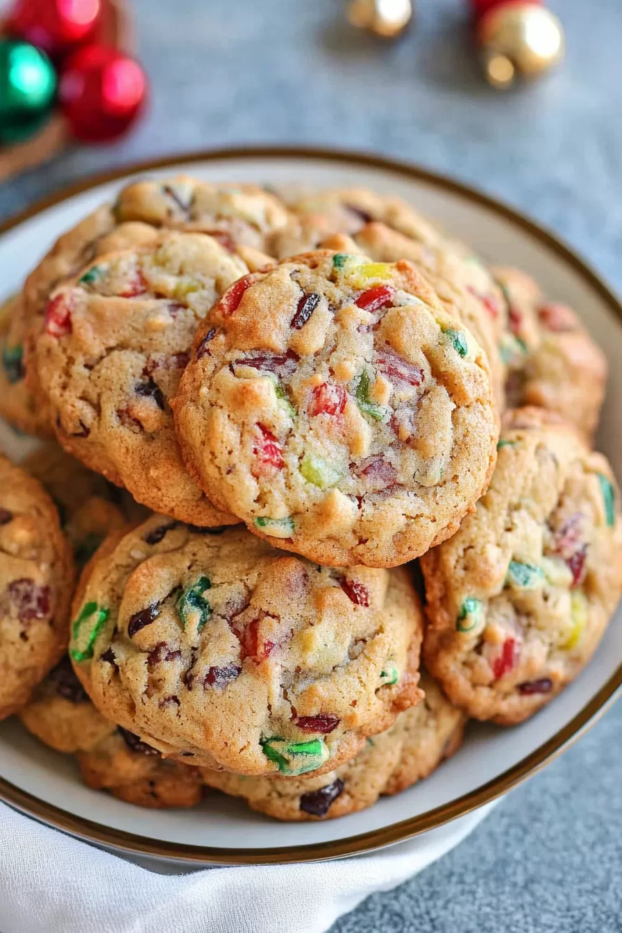 Close-up of colorful, chewy cookies with candied fruits and nuts stacked on a festive white plate.