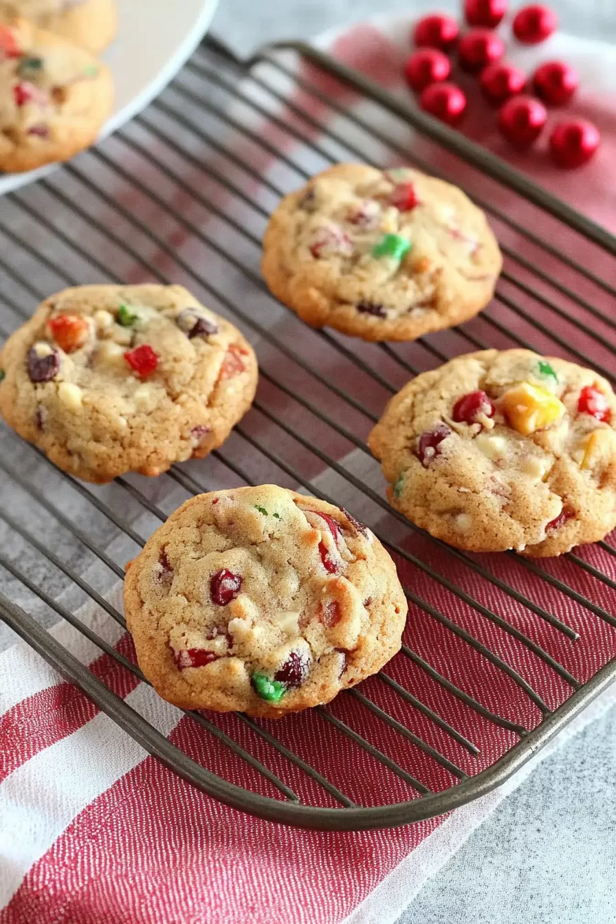 Freshly baked cookies cooling on a wire rack with vibrant red and green candied fruits visible.