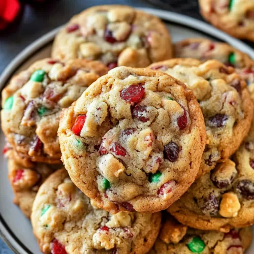 A plate of golden-brown holiday cookies loaded with bright bits of fruit and crunchy nuts.