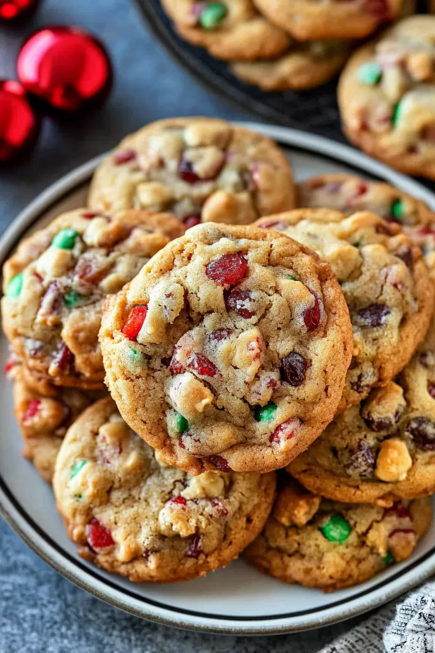 A plate of golden-brown holiday cookies loaded with bright bits of fruit and crunchy nuts.