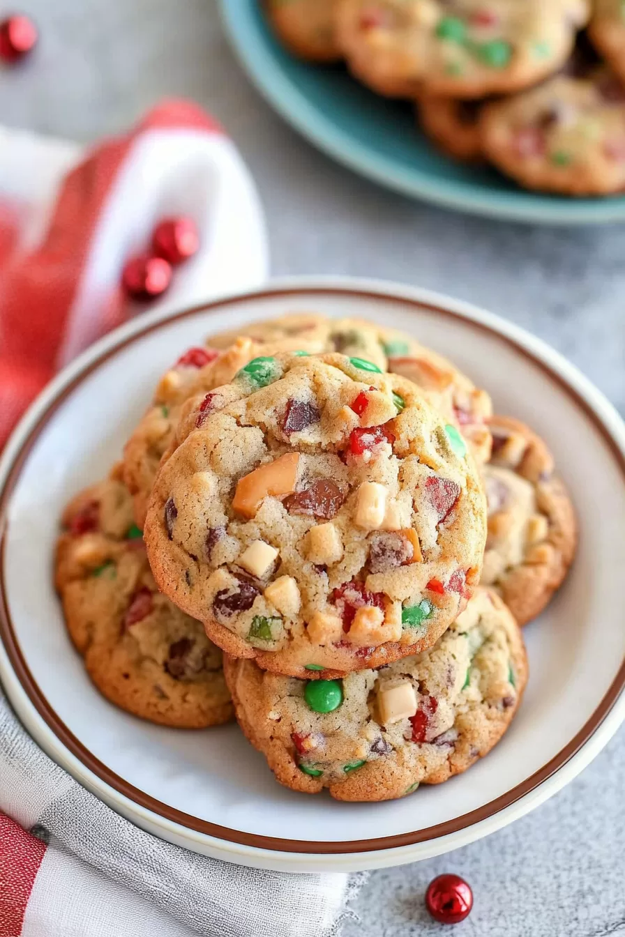 A festive cookie display showcasing soft, chewy cookies filled with colorful holiday mix-ins.