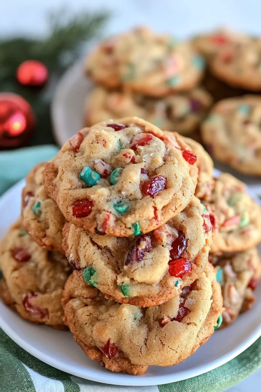 Cookies packed with red cherries, green candies, and white chocolate chunks stacked in a delicious pile.