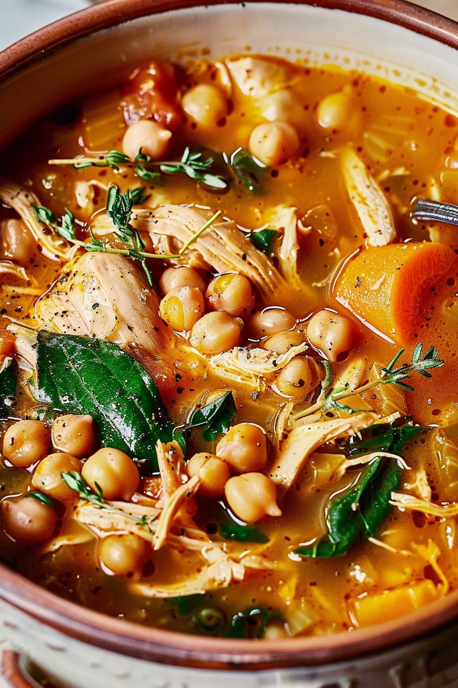 Close-up of chicken chickpea soup showcasing chunks of chicken, soft carrots, and bright green spinach in a flavorful stock.