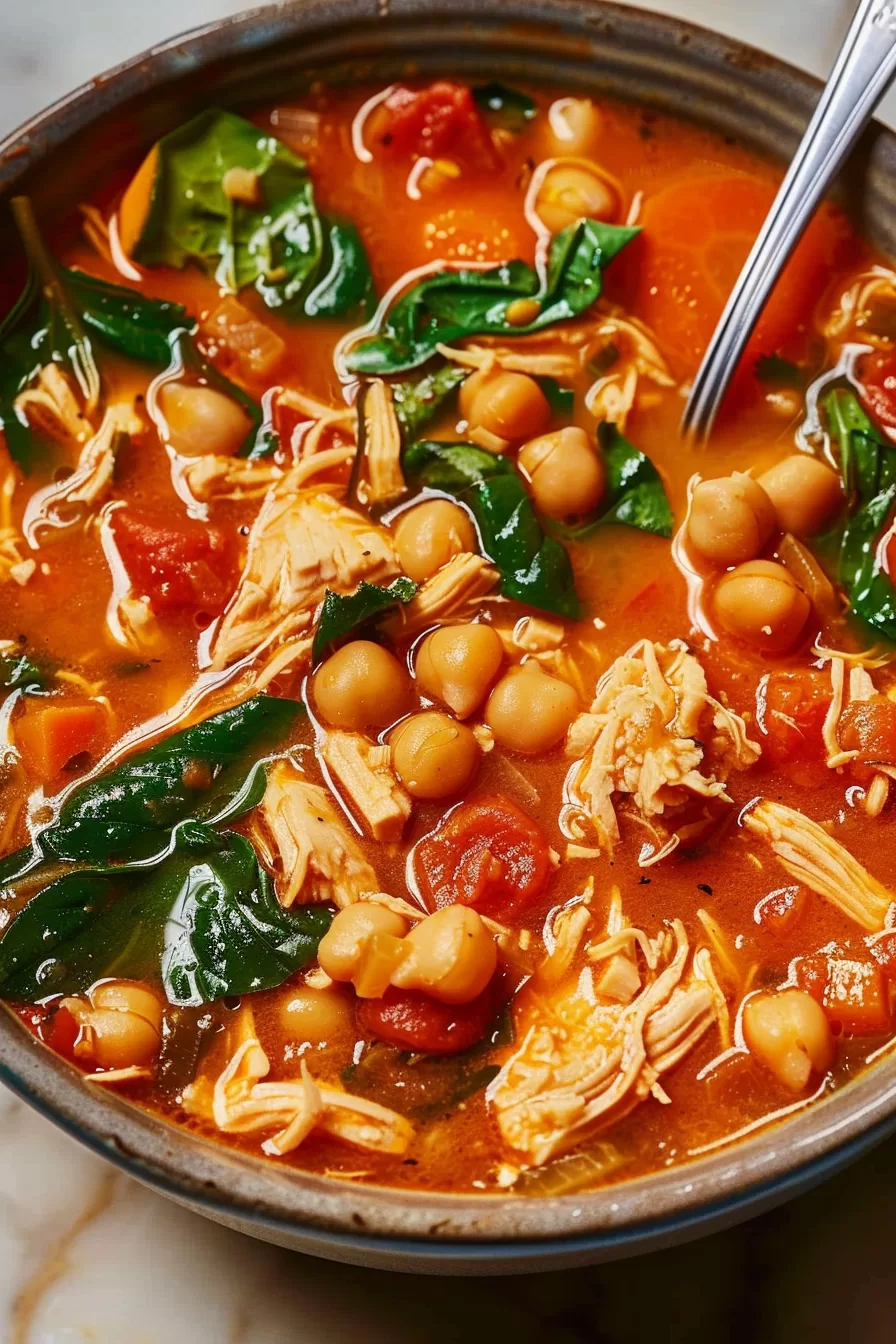 A hearty bowl of chicken chickpea soup filled with tender shredded chicken, plump chickpeas, and fresh herbs in a vibrant broth.