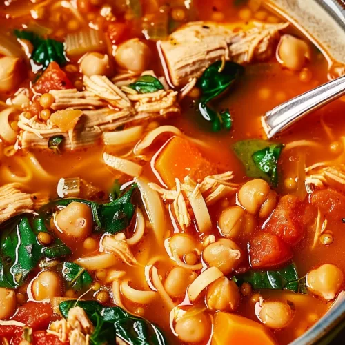 A rustic ceramic bowl of chicken chickpea soup, garnished with fresh thyme and served piping hot for a comforting meal.