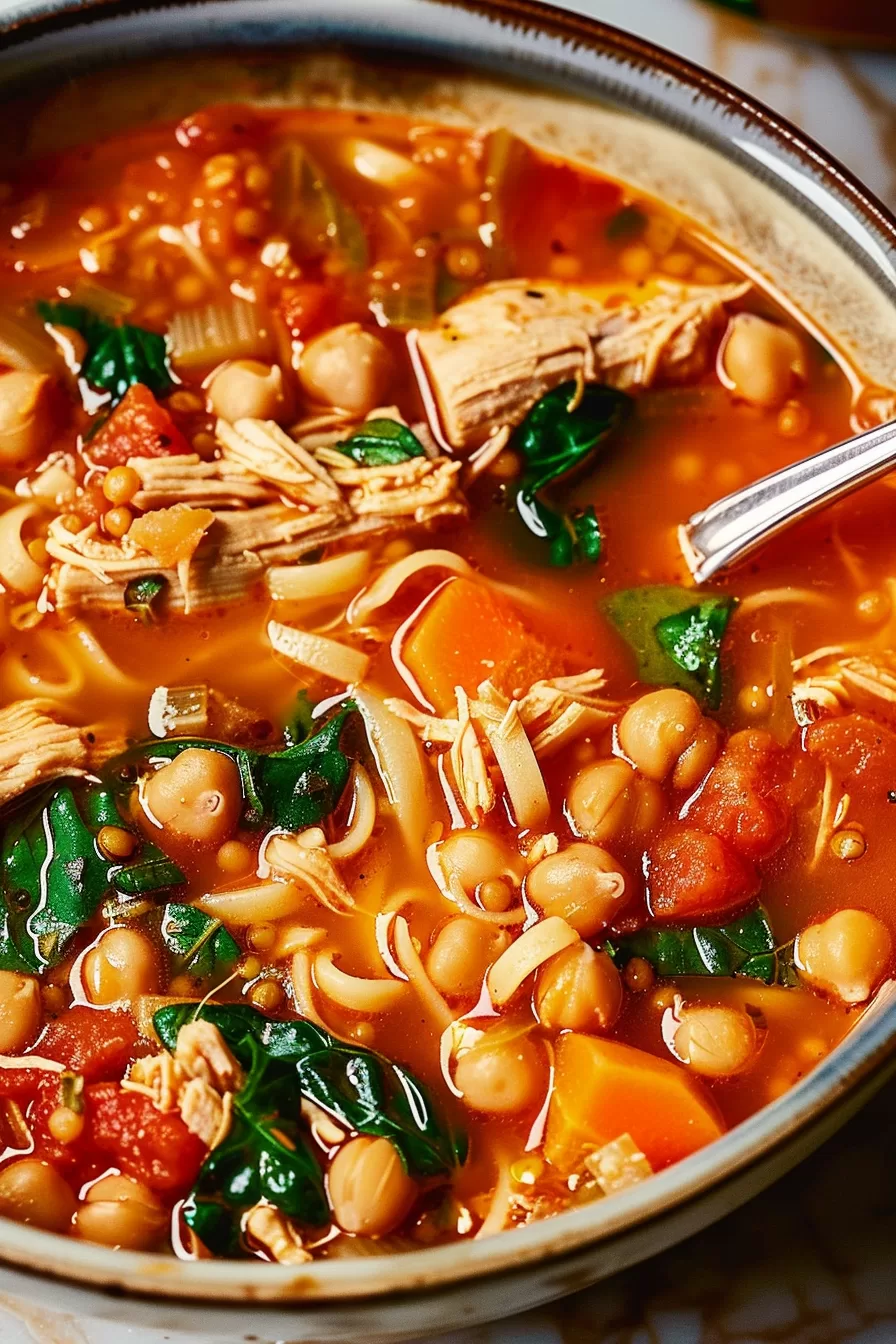 A rustic ceramic bowl of chicken chickpea soup, garnished with fresh thyme and served piping hot for a comforting meal.