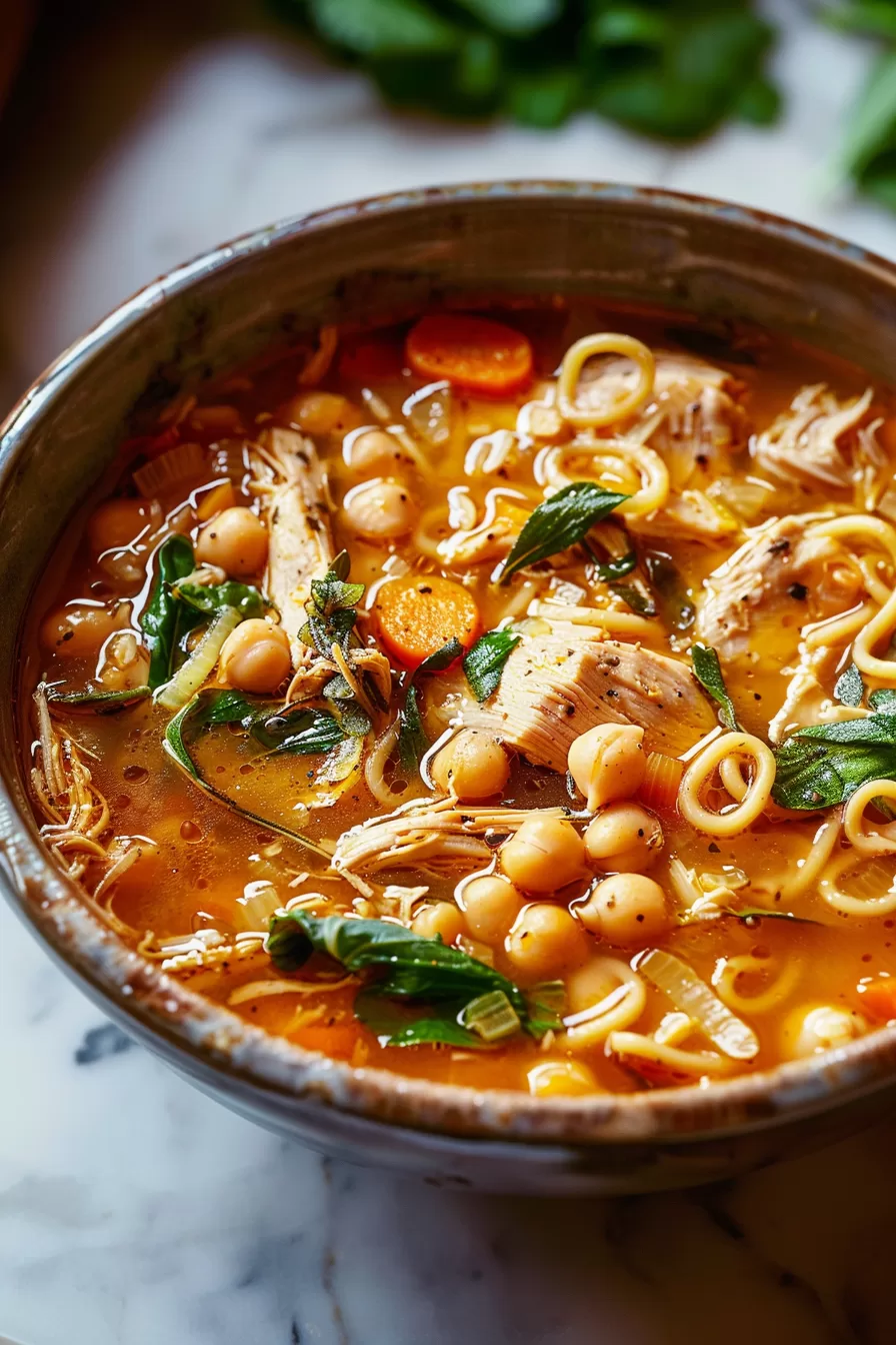 A vibrant mix of chickpeas, shredded chicken, and vegetables in a warm, spiced broth, perfect for a cozy evening.