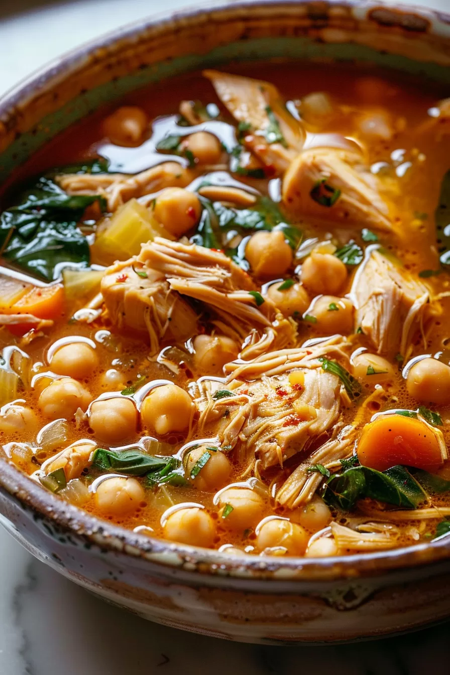 Chicken chickpea soup with colorful vegetables and fresh greens, served in an earthy bowl, highlighting its wholesome ingredients.