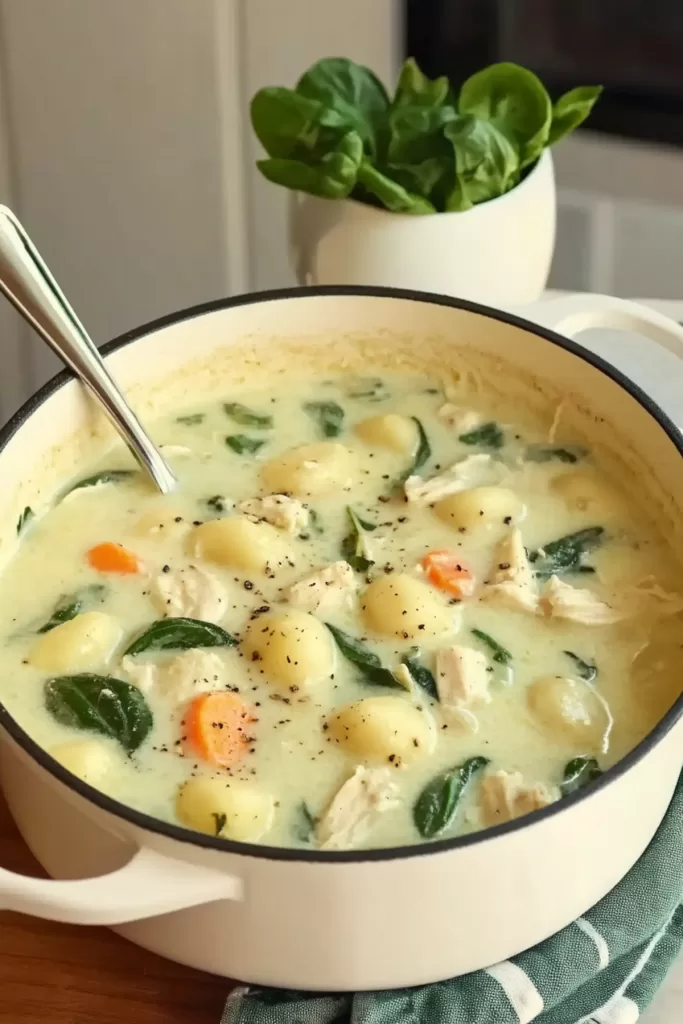 A creamy bowl of soup loaded with tender gnocchi, shredded chicken, fresh spinach, and diced carrots, perfect for cozy evenings.