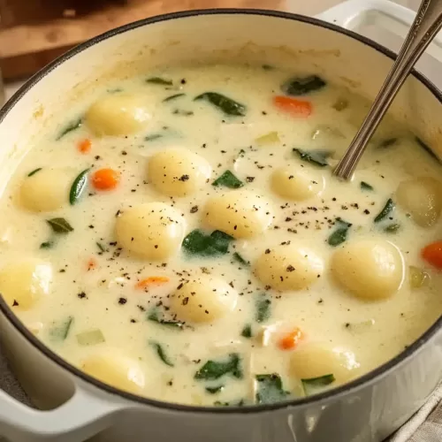 Close-up of rich and creamy chicken gnocchi soup showcasing the soft gnocchi and savory broth.