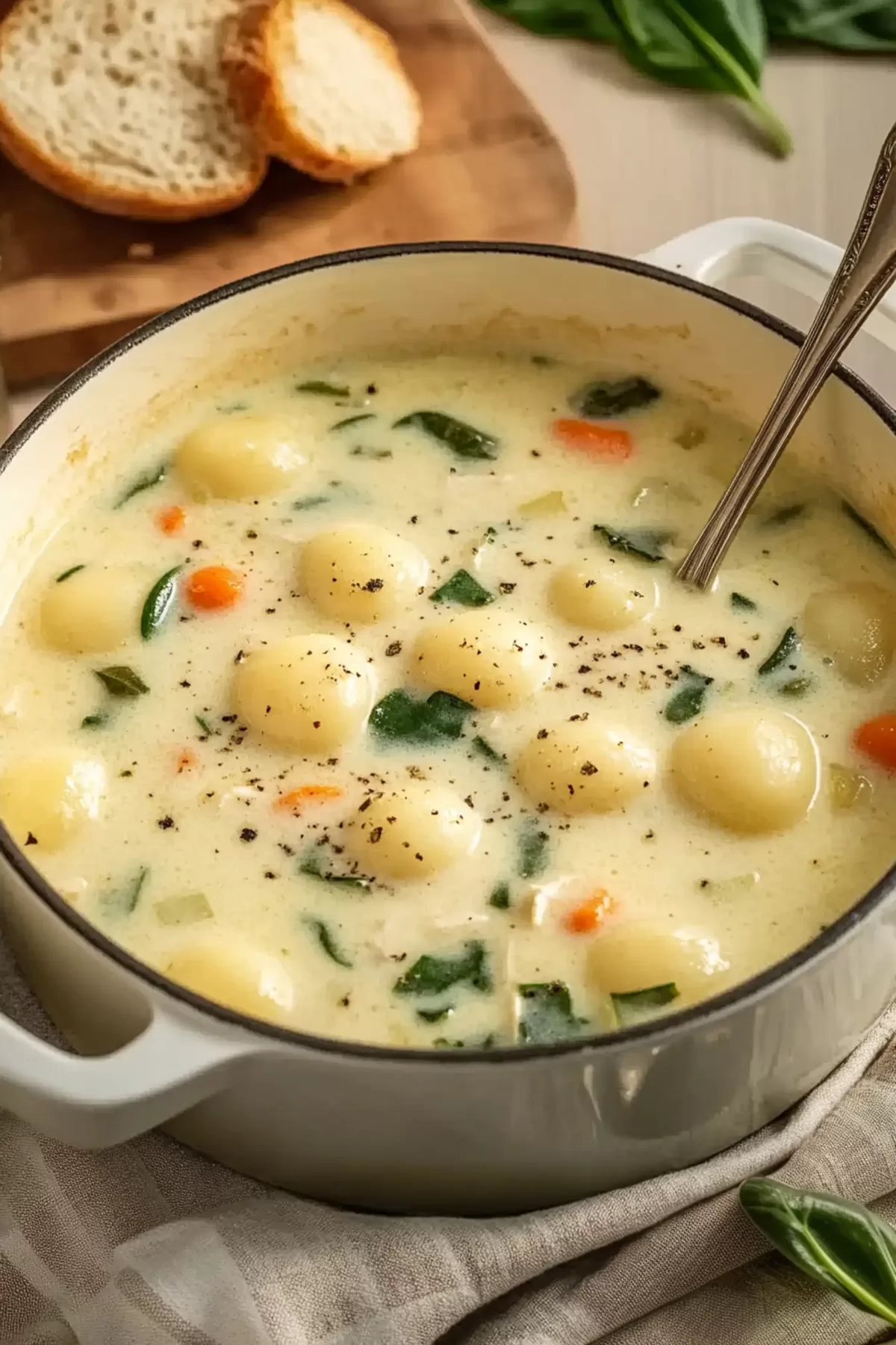 Close-up of rich and creamy chicken gnocchi soup showcasing the soft gnocchi and savory broth.