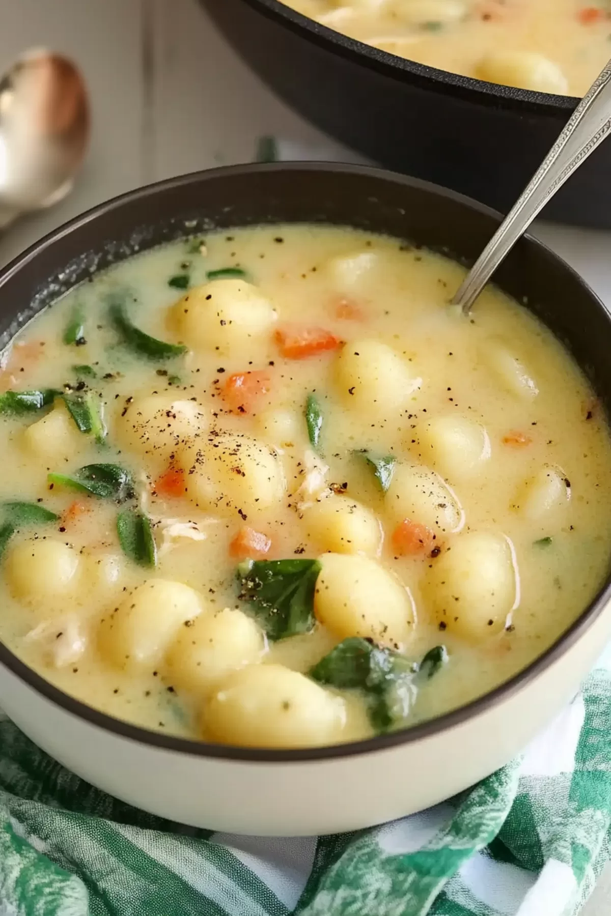 A ladle full of chicken gnocchi soup being served from a Dutch oven, highlighting the comforting textures and flavors.