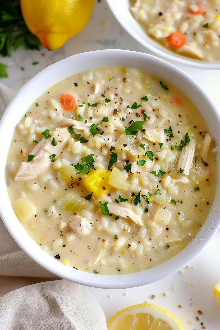 A close-up shot showcasing a creamy broth filled with chicken, rice, and carrots, with a sprinkling of black pepper and fresh herbs.