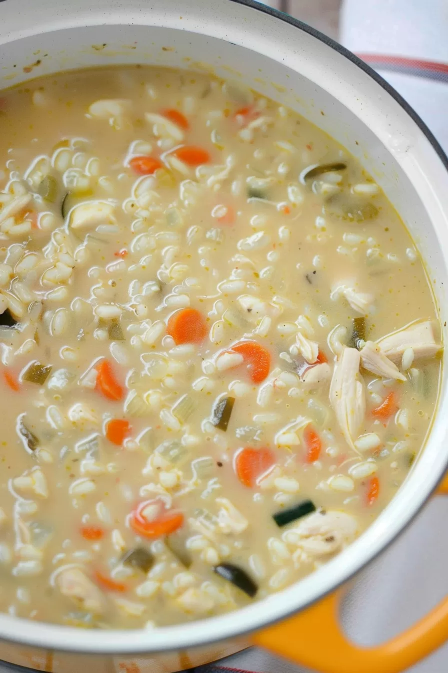 A pot of hearty soup, highlighting the creamy texture and vibrant chunks of vegetables, chicken, and rice.