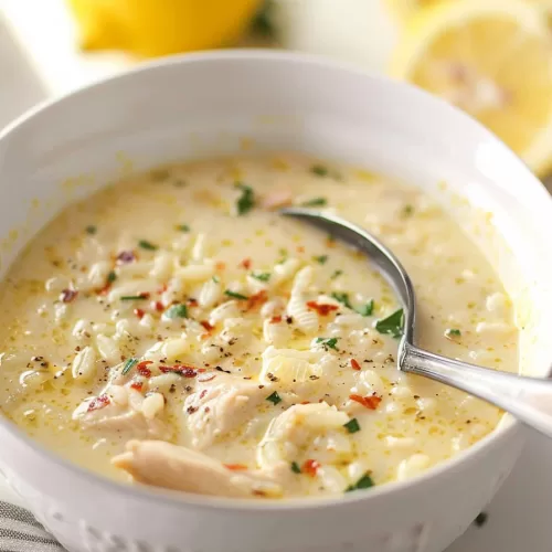 A warm bowl of soup featuring tender chicken, rice, and vibrant vegetables, garnished with fresh parsley and a hint of lemon zest.