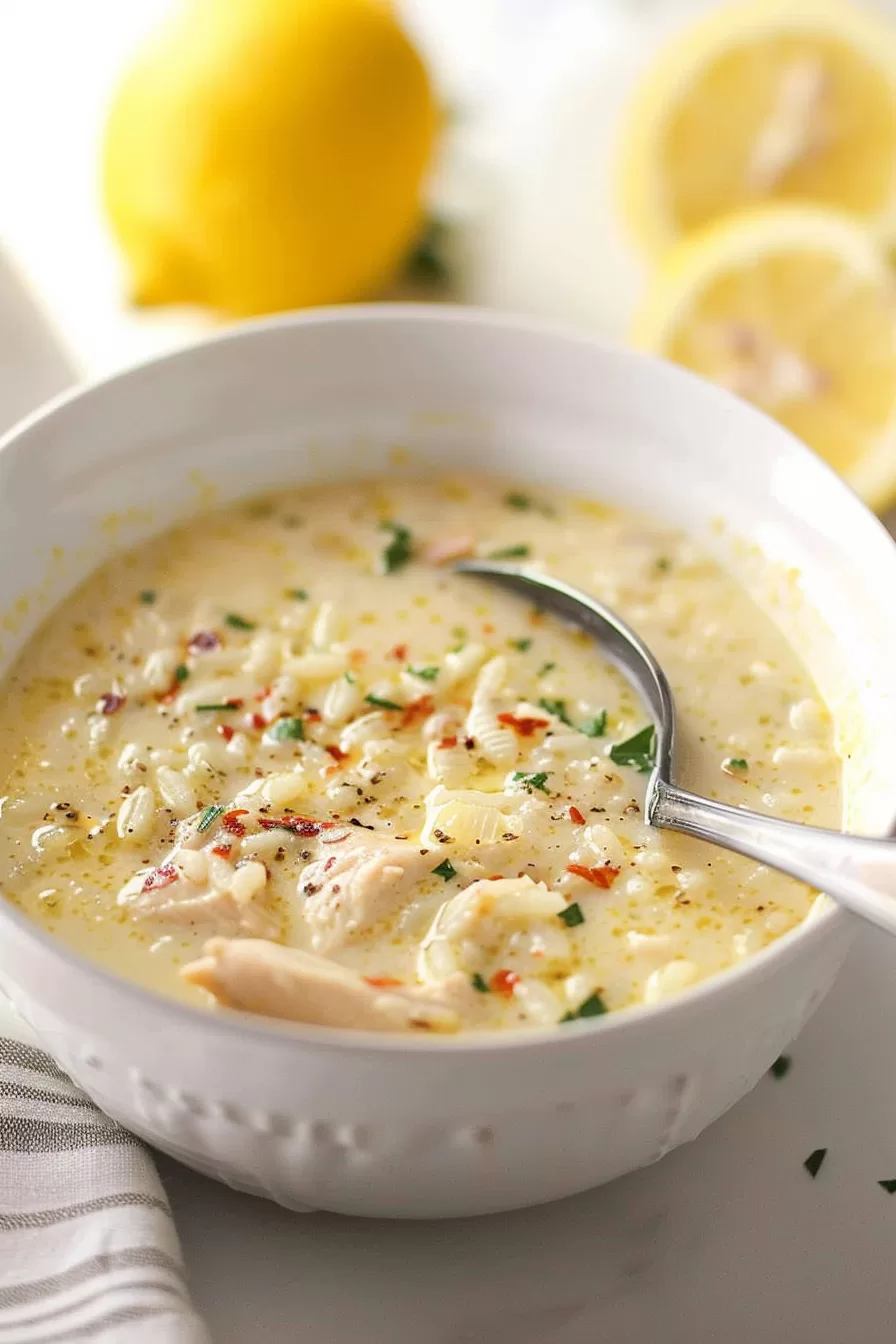 A warm bowl of soup featuring tender chicken, rice, and vibrant vegetables, garnished with fresh parsley and a hint of lemon zest.