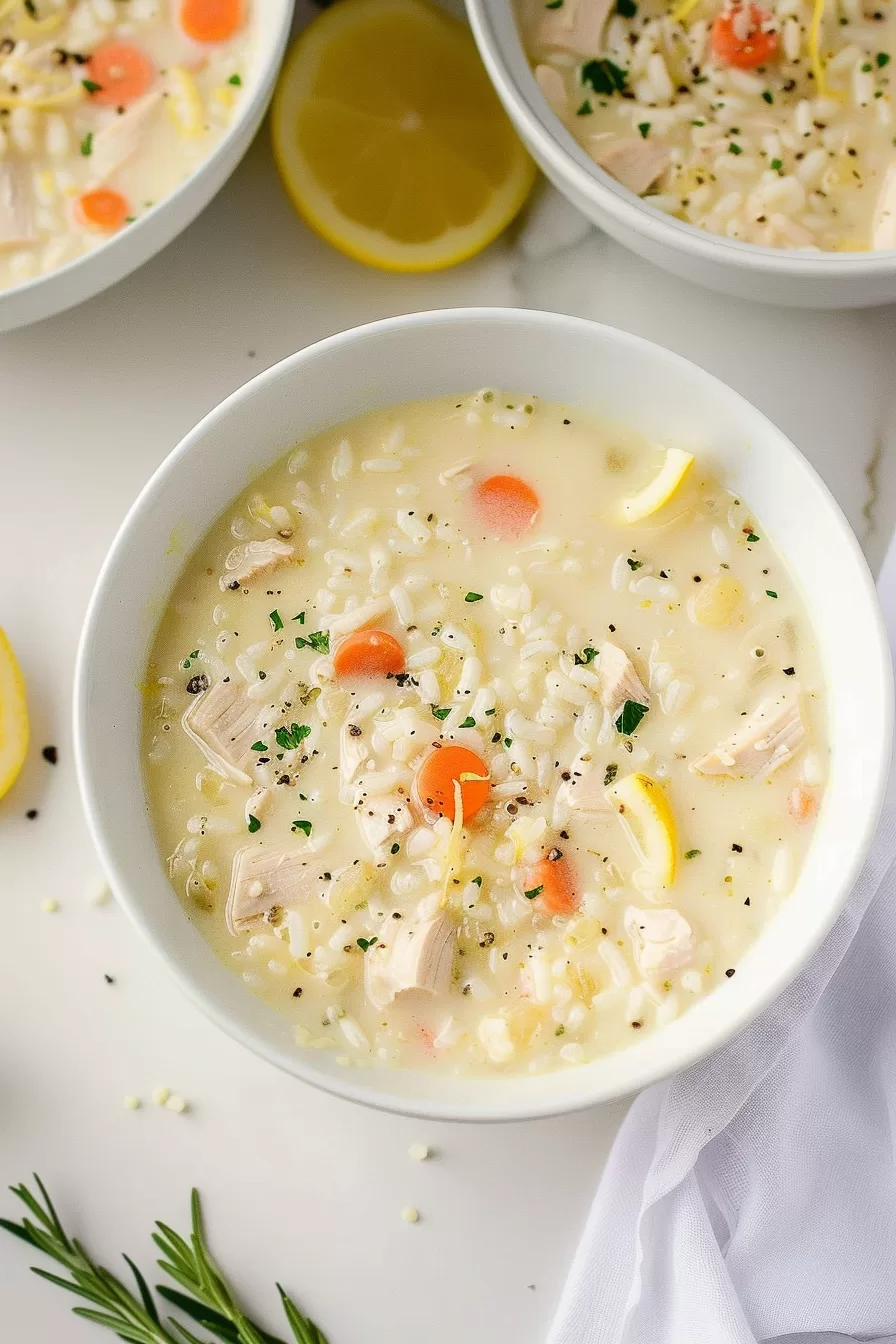 A bowl of soup with a creamy lemon-infused broth, vibrant vegetables, and rice, served with fresh lemon slices for a tangy touch.