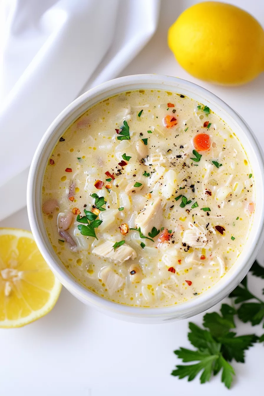 A beautifully styled photo of chicken and lemon rice soup in a white bowl, topped with parsley and paired with lemon wedges for a refreshing finish.