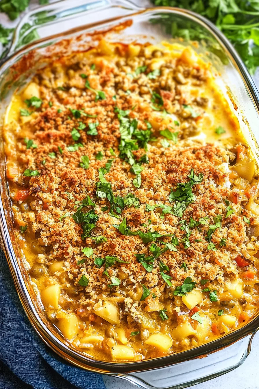 Close-up of a creamy and rich chicken casserole with breadcrumb topping.