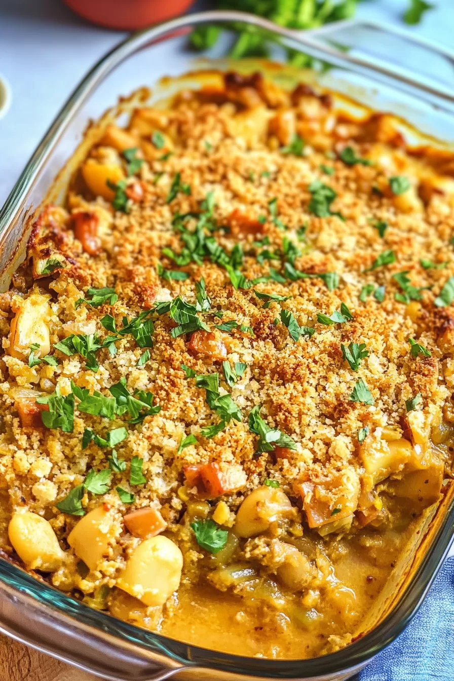 Freshly baked casserole with a crunchy topping and vibrant garnish, ready to serve.