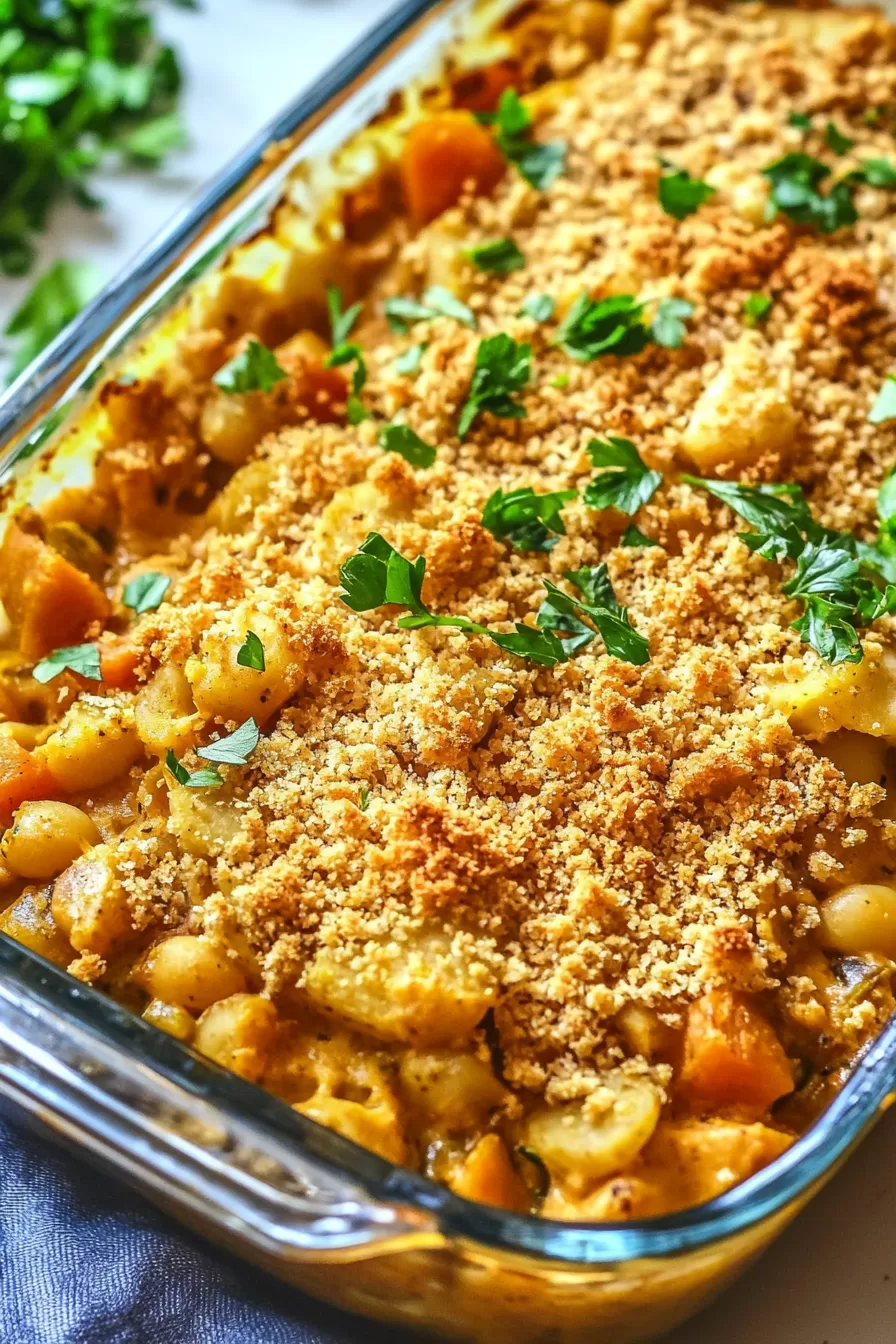 Casserole in a clear baking dish, showing layers of golden breadcrumbs and creamy chicken filling.