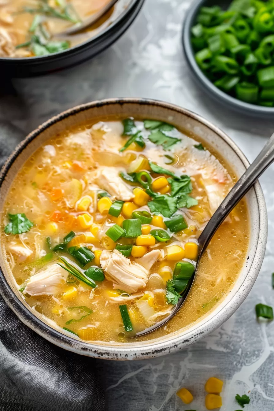 Close-up of a rustic soup bowl brimming with golden broth, tender chicken pieces, and vibrant green onions.